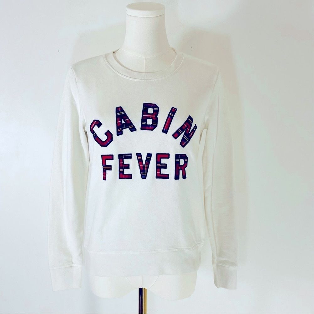 J. Crew Plaid Lettered "Cabin Fever" Crewneck White Sweatshirt Size XXS